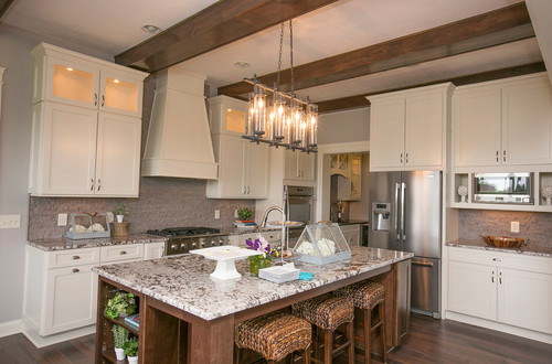 Bianco Antico Granite with Stainless Steel Appliance, White Cabinets , Textured Natural Slate Backsplash and Elegant Kitchen Pendants